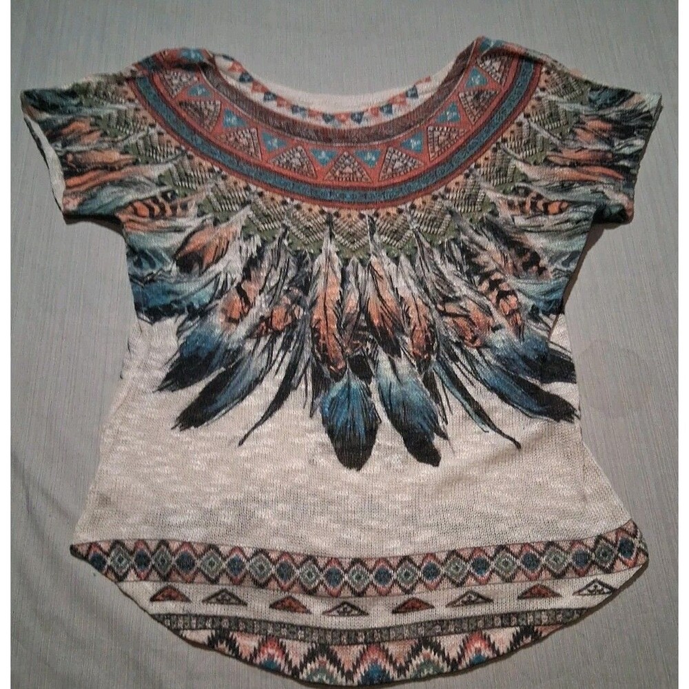 Gaze Cream Boho Native Feathers Print Lightweight Top Size XS Womens Made In USA - Picture 2 of 6